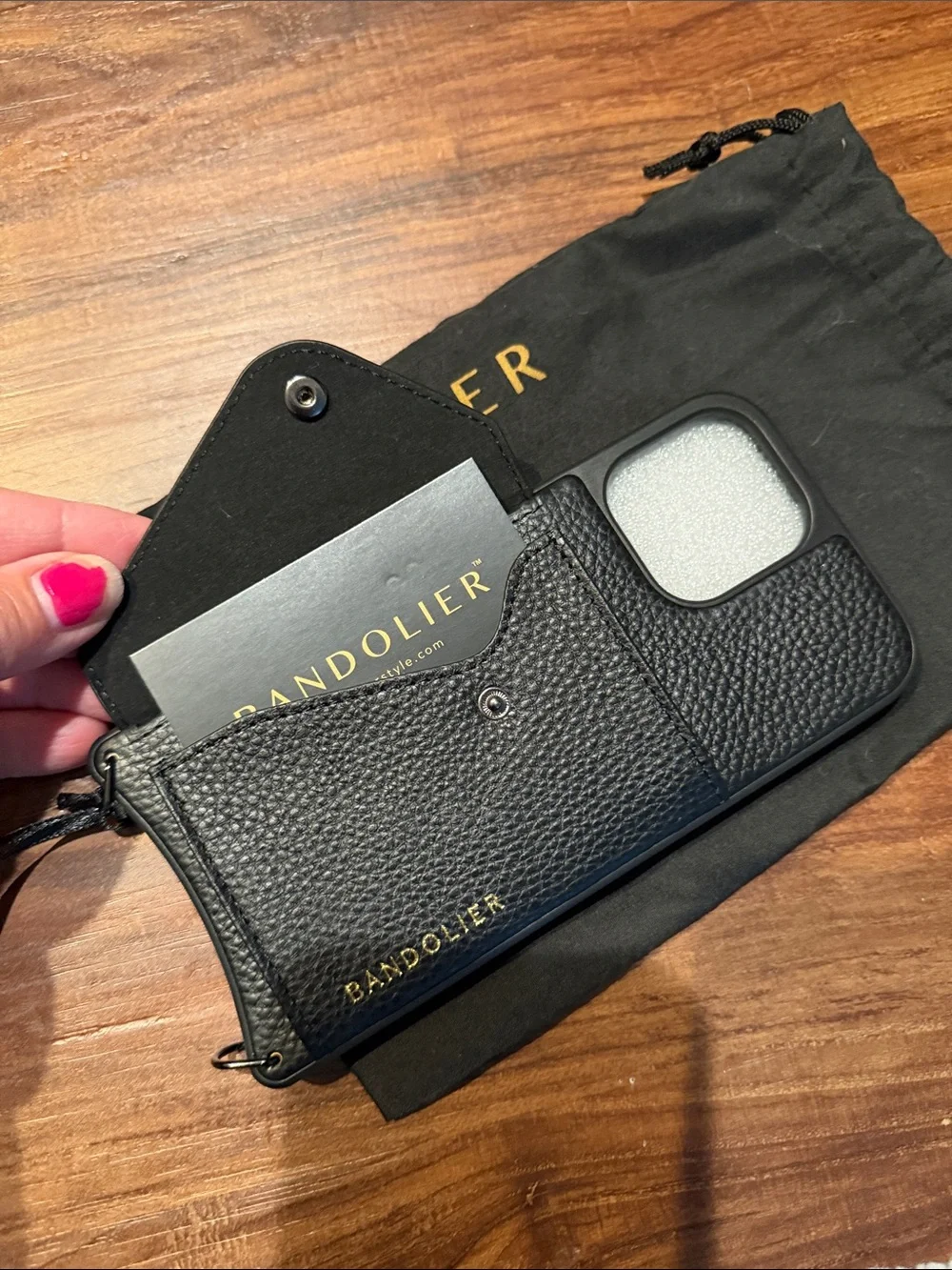Bandolier Black Pebbled Leather Crossbody Phone Case with Gold Logo - Picture 3 of 3